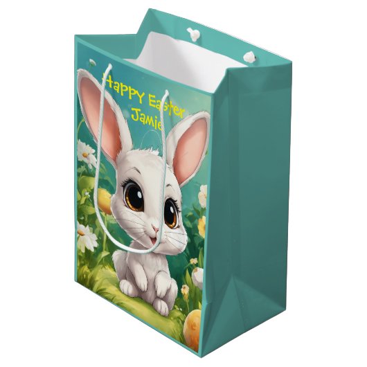 🌷 flauschiger weißer Hase mit Frühlingsblumen 🐰 Mittlere Geschenktüte (Vorderseite Schrägansicht)