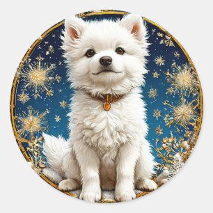 flauschiger weißer Hund Runder Aufkleber