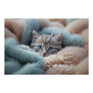 Flauschiges Kätzchen in einer weichen Decke Poster