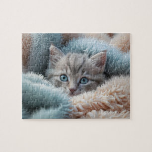 Flauschiges Kätzchen in einer weichen Decke Puzzle
