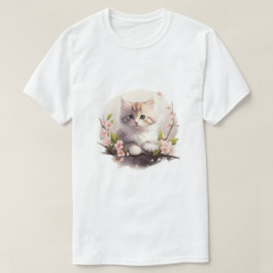 Flauschiges Kätzchen mit rosa Blumen Wasserfarben T-Shirt