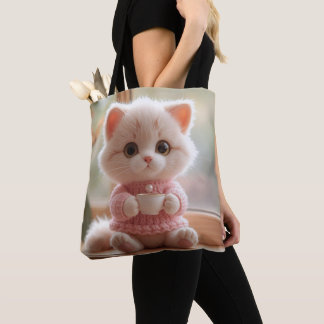 Flauschiges rosa Kätzchen trinkt Tee Katze mit Pul Tasche