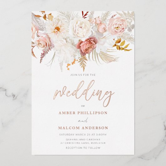 Flawless Rose Gold & Blush Floral Wedding Folieneinladung (Vorderseite)