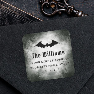 Fledermaus Halloween schwarze Grunge-Rücksendeadre Quadratischer Aufkleber