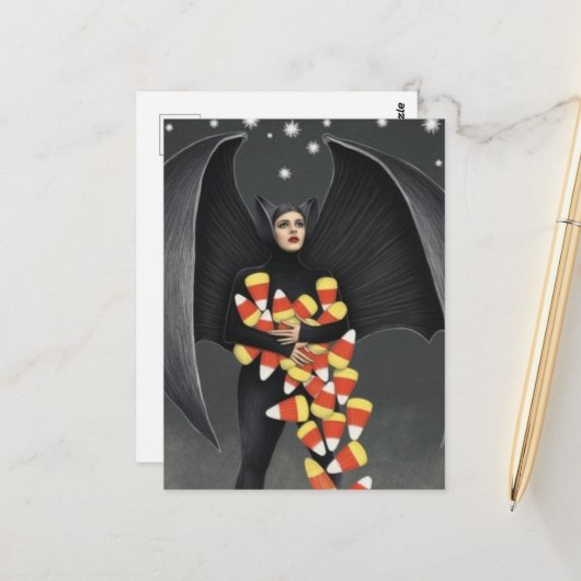 Fledermaus mit Halloween-Süßigkeiten Postkarte (Vorderseite/Rückseite Beispiel)