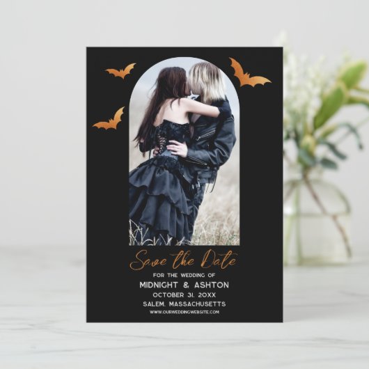 Fledermäuse Arch Foto Halloween Hochzeit Save the Save The Date (Stehend Vorderseite)