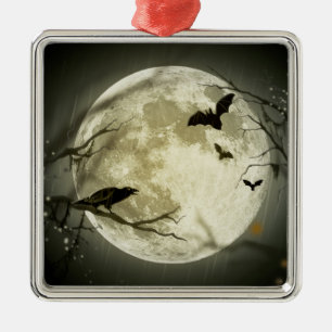 Fledermäuse fliegen Crow sitzt vor Halloween Vollm Silbernes Ornament