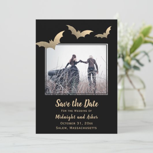 Fledermäuse Foto Halloween Hochzeit Save the Date (Stehend Vorderseite)