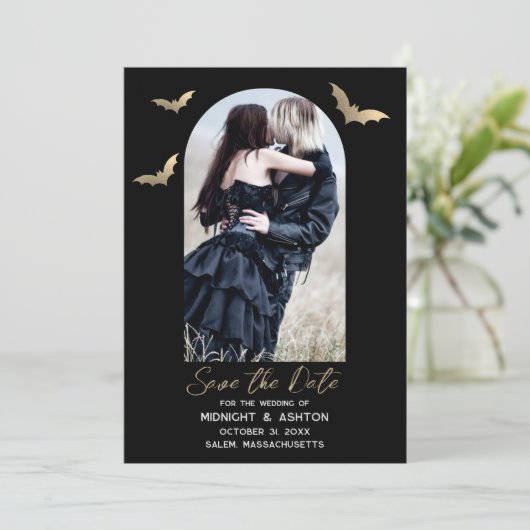 Fledermäuse Foto Halloween Hochzeit Save the Date (Stehend Vorderseite)