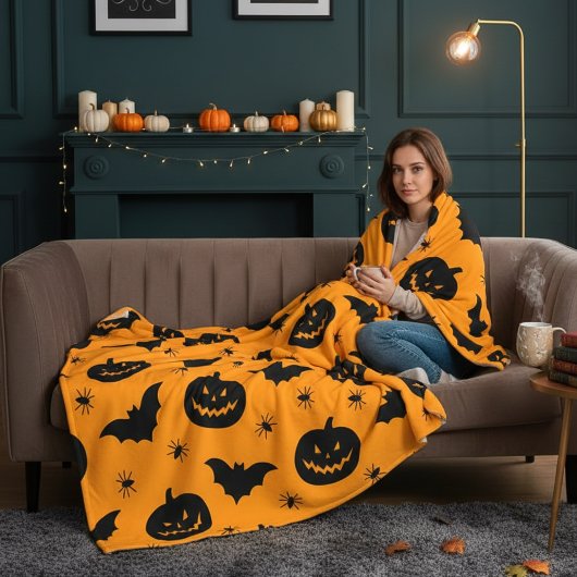 Fledermäuse, Kürbisköpfe und Spinnen Halloween Plü Fleecedecke