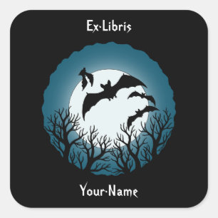 Fledermäuse und Bäume gegen den Mond-Exlibris Quadratischer Aufkleber