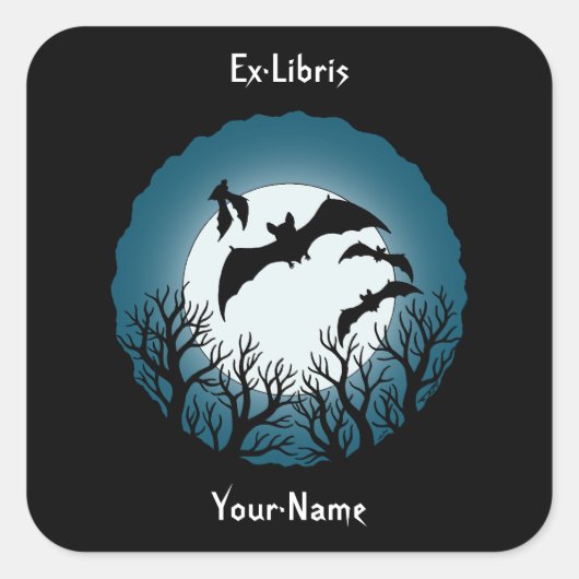Fledermäuse und Bäume gegen den Mond-Exlibris Quadratischer Aufkleber (Vorderseite)