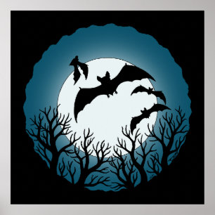 Fledermäuse und Bäume gegen den Mond Poster