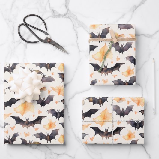 Fledermäuse und Herbstleaves Elegantes Halloween Geschenkpapier Set (Vorderseite)
