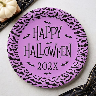 Fledermausmuster lila schwarz Frohes Halloween Jah Pappteller