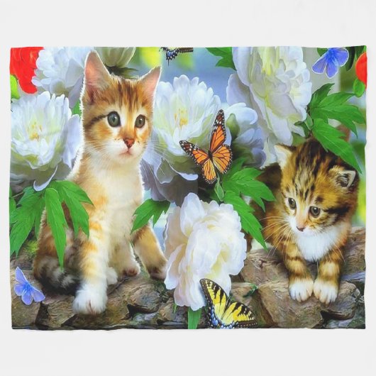 Fleece Blanket/Kätzchen, Schmetterlinge & Blume (Vorderseite (Horizontal))