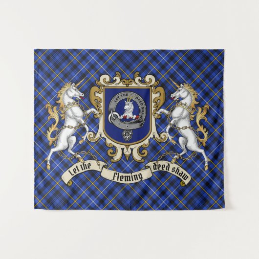 Fleming Clan Abzeichen & Unicorns mit Tartan Wandteppich (Vorderseite (Horizontal))