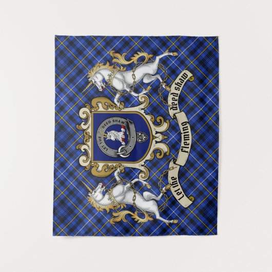 Fleming Clan Abzeichen & Unicorns mit Tartan Wandteppich (Vorderseite)