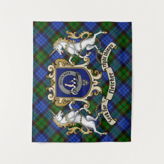 Fletcher Clan Abzeichen & Unicorns mit Tartan Wandteppich (Vorderseite)