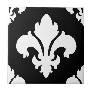 Fleur De Lis 2 Schwarz und Weiß Fliese