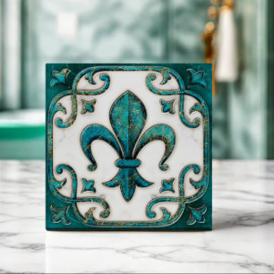 Fleur-De-Lis Antik Verdigris Marmor Fliese
