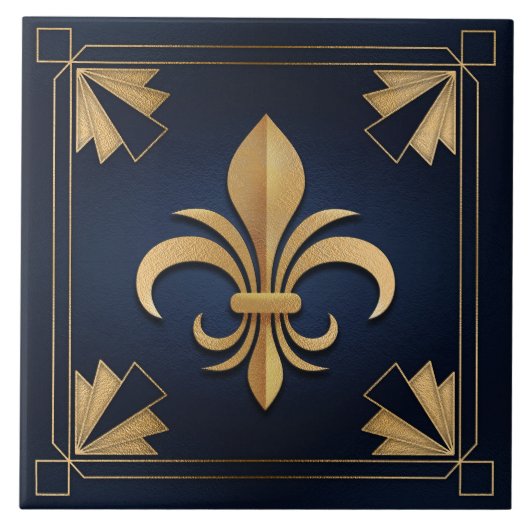 Fleur-De-Lis - Art Deco - Blau und Gold Fliese (Vorderseite)