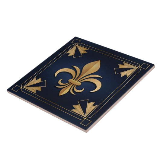 Fleur-De-Lis - Art Deco - Blau und Gold Fliese (Seite)