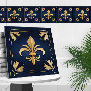 Fleur-De-Lis - Art Deco - Blau und Gold Fliese