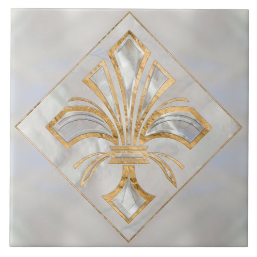 Fleur-de-lis Art Deco - Perle und Gold Fliese (Vorderseite)