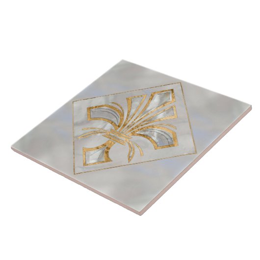 Fleur-de-lis Art Deco - Perle und Gold Fliese (Seite)