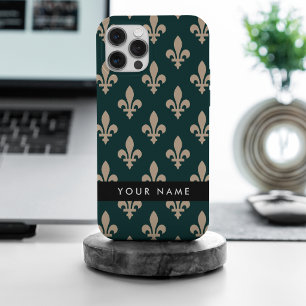 Fleur de Lis, Beige auf Grün, Königlich, Ihr Name Case-Mate iPhone Hülle