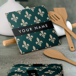 Fleur de Lis, Beige auf Grün, Königlich, Ihr Name Fliese