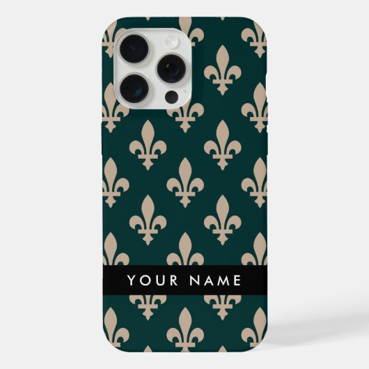 Fleur de Lis, Beige auf Grün, Königlich, Ihr Name iPhone Hülle (Rückseite)