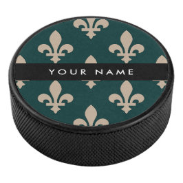 Fleur de Lis, Beige auf Grün, Royal, Ihr Name Eishockey Puck