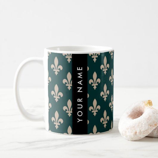 Fleur de Lis, Beige auf Grün, Royal, Ihr Name Kaffeetasse (Mit Donut)