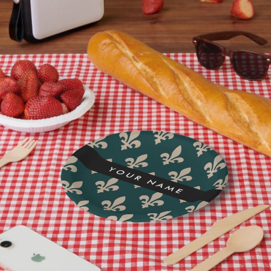Fleur de Lis, Beige auf Grün, Royal, Ihr Name Pappteller (Picknick)