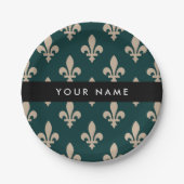 Fleur de Lis, Beige auf Grün, Royal, Ihr Name Pappteller (Vorderseite)