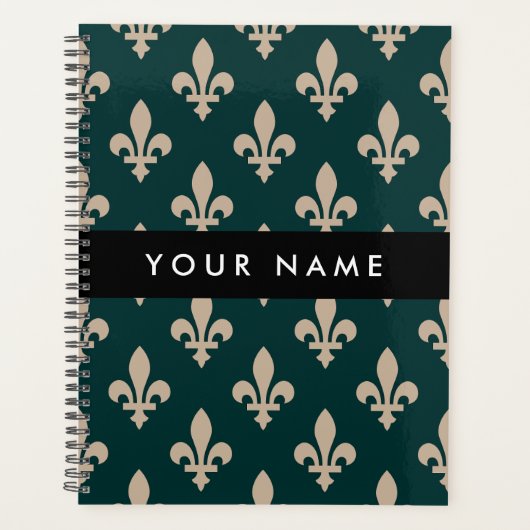 Fleur de Lis, Beige auf Grün, Royal, Ihr Name Planer (Vorderseite)