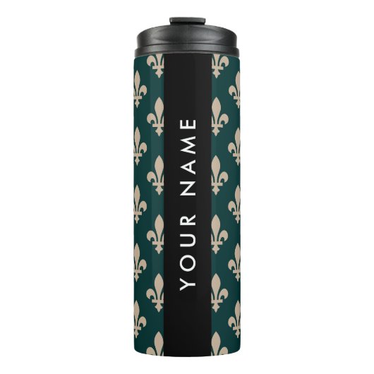Fleur de Lis, Beige auf Grün, Royal, Ihr Name Thermosbecher (Vorderseite)