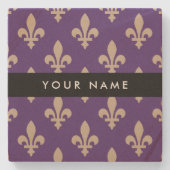 Fleur de Lis, Beige auf Lila, Königlich, Ihr Name Steinuntersetzer (Vorderseite)