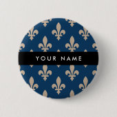 Fleur de Lis, Beige auf Navyblau, Royal, Ihr Name Button (Vorderseite)