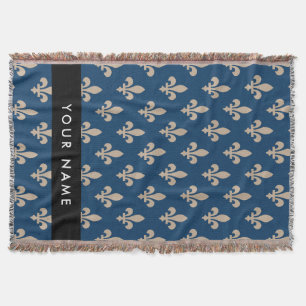 Fleur de Lis, Beige auf Navyblau, Royal, Ihr Name Decke