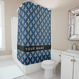Fleur de Lis, Beige auf Navyblau, Royal, Ihr Name Duschvorhang