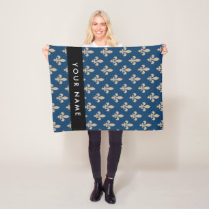 Fleur de Lis, Beige auf Navyblau, Royal, Ihr Name Fleecedecke