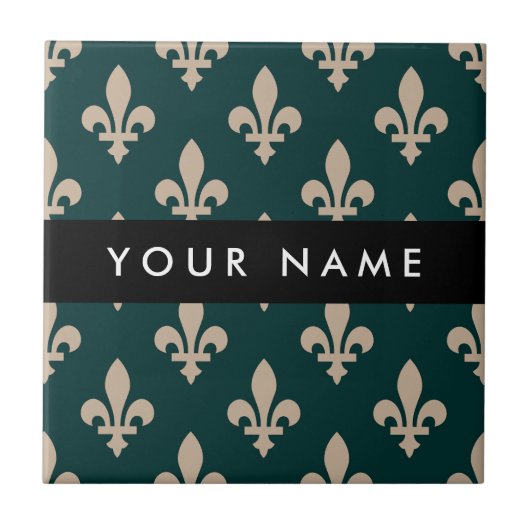 Fleur de Lis, Beige on Green, Royal, Your Name Fliese (Vorderseite)