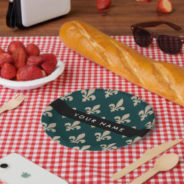 Fleur de Lis, Beige on Green, Royal, Your Name Pappteller