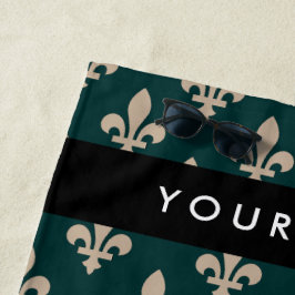 Fleur de Lis, Beige on Green, Royal, Your Name Strandtuch