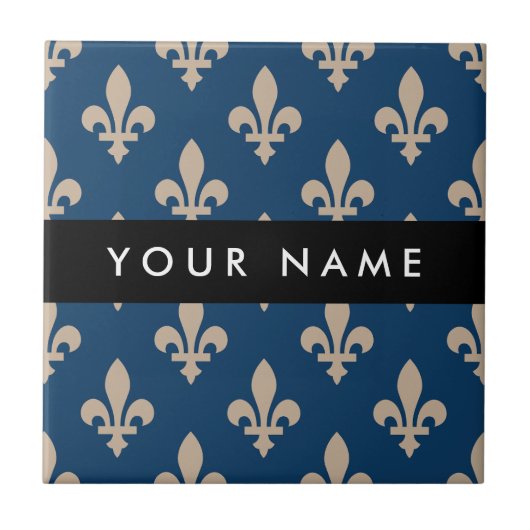 Fleur de Lis, Beige on Navy Blue, Royal, Your Name Fliese (Vorderseite)