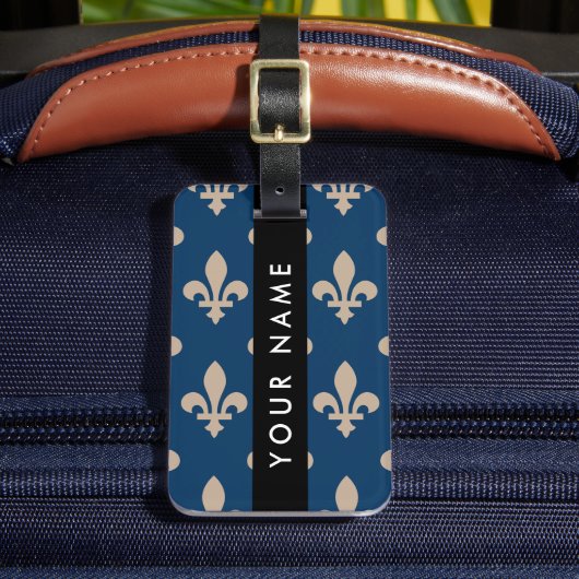 Fleur de Lis, Beige on Navy Blue, Royal, Your Name Gepäckanhänger (Vorderseite Insitu 2)