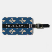 Fleur de Lis, Beige on Navy Blue, Royal, Your Name Gepäckanhänger (Vorderseite horizontal)